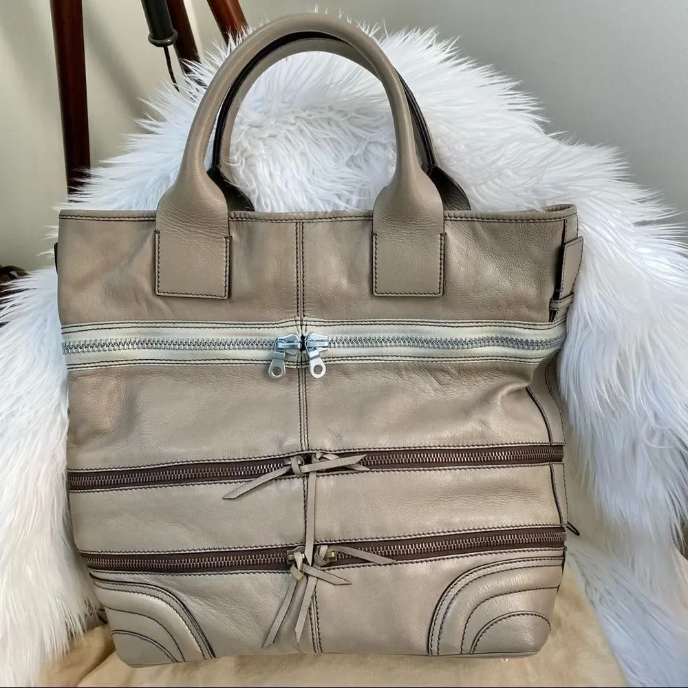Chloe Taupe Gladys Leather Multi Zippers Tote Bag